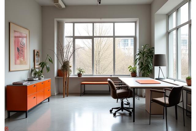 Intérieur de studio de design Bauhaus moderne avec des meubles épurés et de la lumière naturelle