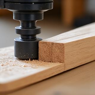 Präziser Zuschnitt eines Holzteils in der Manufaktur