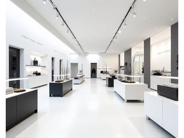 Boutique concept épurée avec présentoirs minimalistes