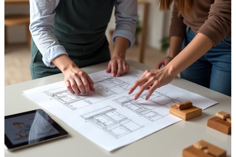 Designer discutant des plans de meubles sur mesure avec un client