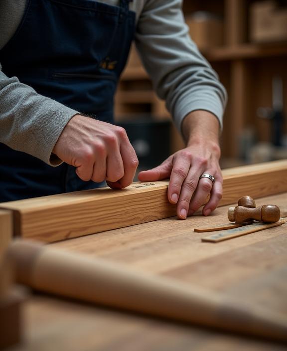 Ein Handwerker von AlpenHolz Design arbeitet präzise an einem Holzdetail.